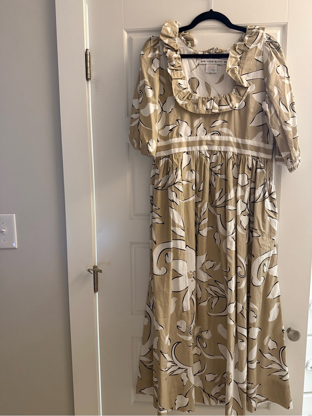 Gretchen Scott Designs Beige and White Floral Ruffle Midi Dress